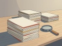 Feuillets triés en trois piles inégales sur un plan de travail, avec une loupe posée à côté.