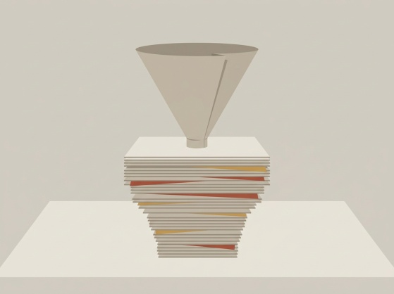 Entonnoir de papier au-dessus d'une pile de feuillets qui s'amenuise vers le bas.